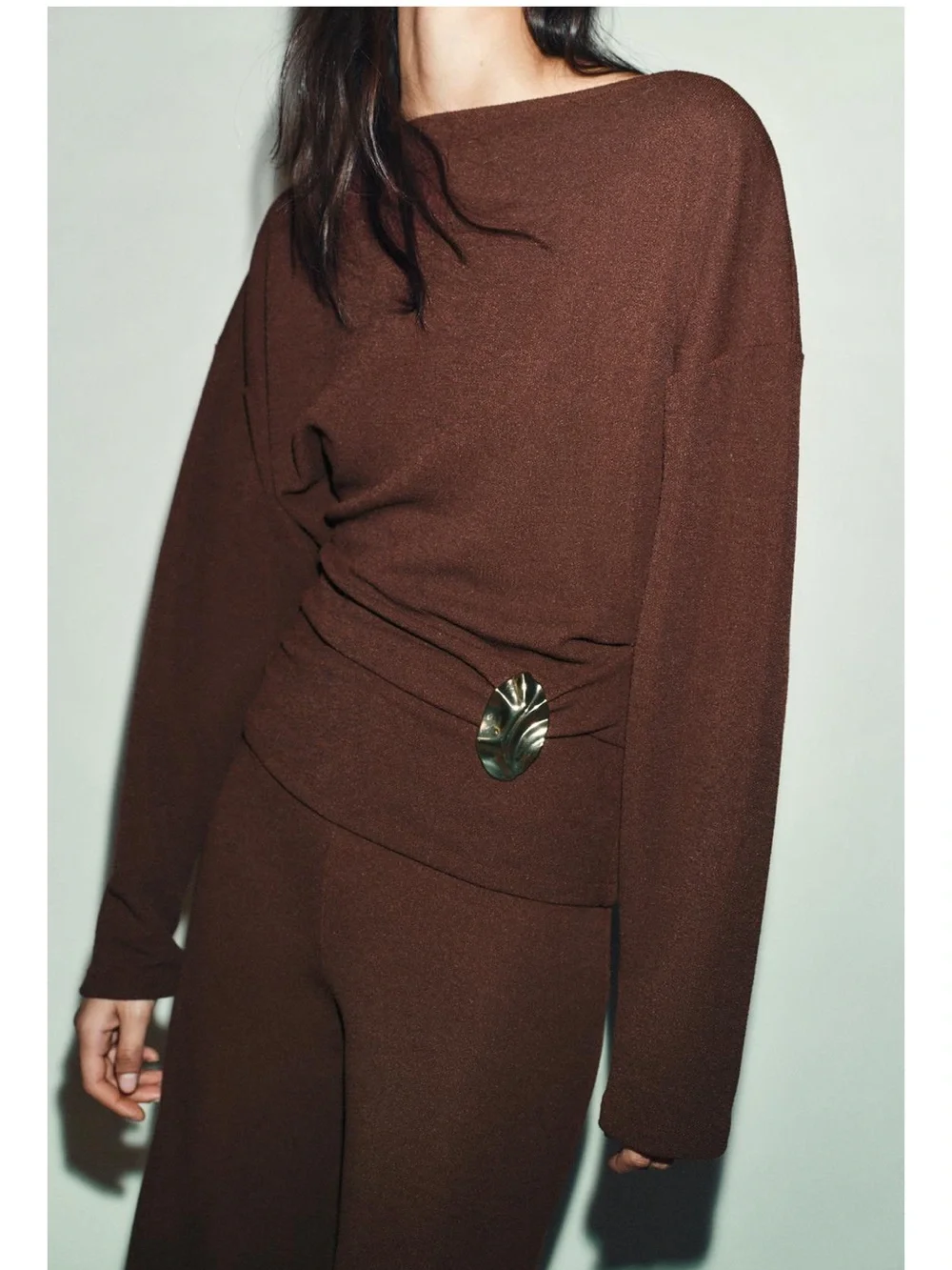 Zara NWT 2 piece SET Brown Wide-Leg Knit Pants  & gold detail long sleeve top